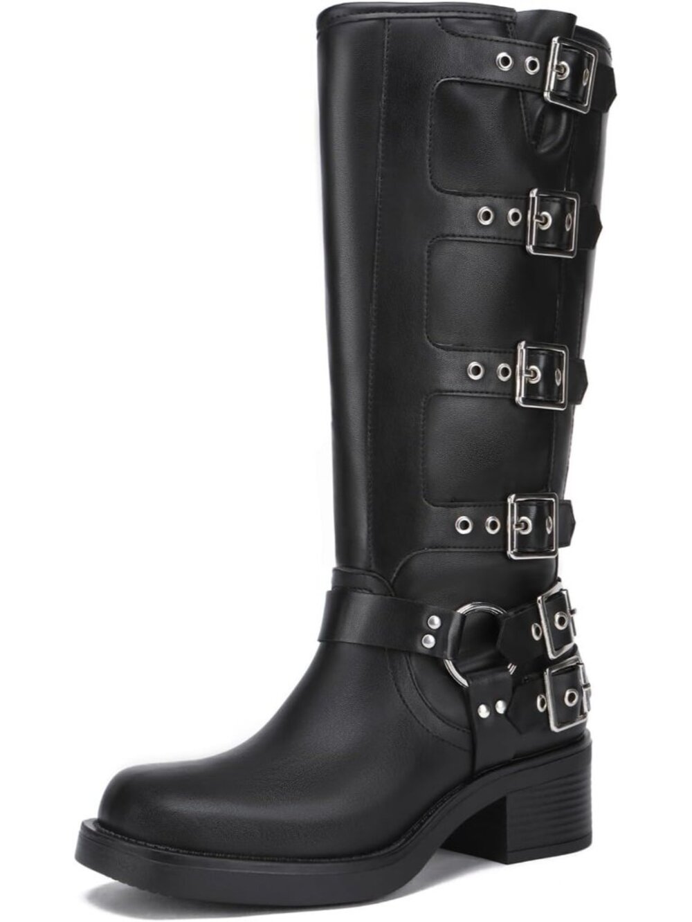 Women's Black Knee High Boots Square Toe Motorcycle Boots with Buckle Biker Boot